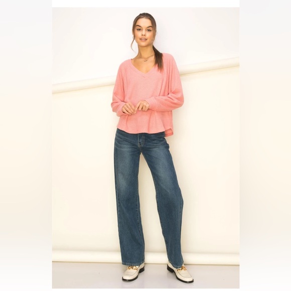 Double Zero Tops - 58. NWT Double Zero V-Neck Waffle Knit Fleece Lined Long Sleeve Top in Pink